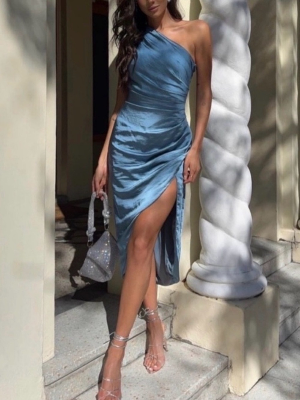Elliatt One-Shoulder Satin Midi Dress in Dusty Blue